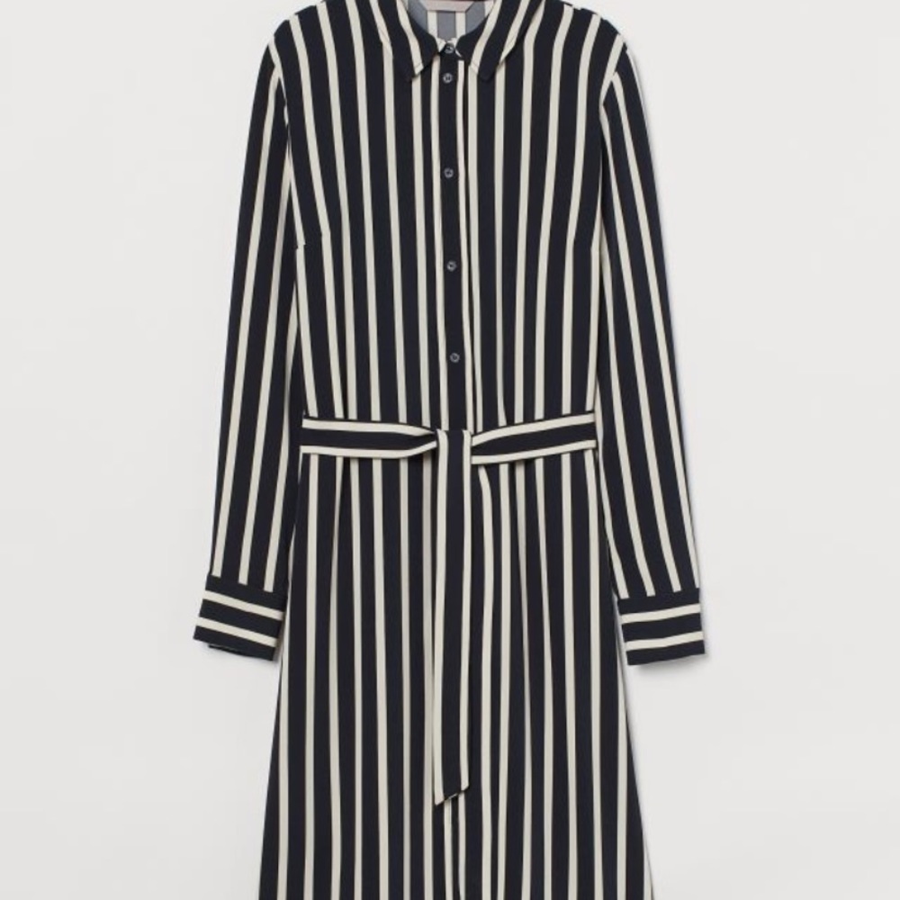 NWOT H& M black and white striped tie belt shirt dress midi size XS
